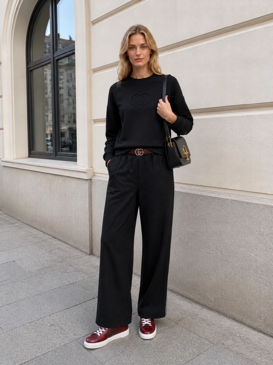 Designer black sweatshirt wide leg trousers outfit