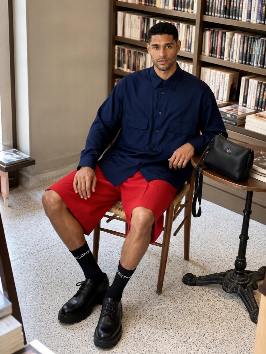 Comme des garcons red shorts navy shirt prada derby