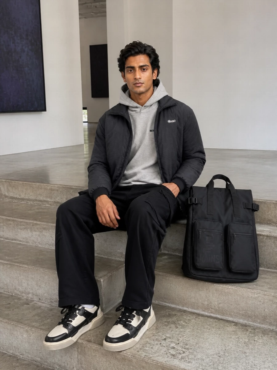 Represent padded jacket cargo pants sneakers