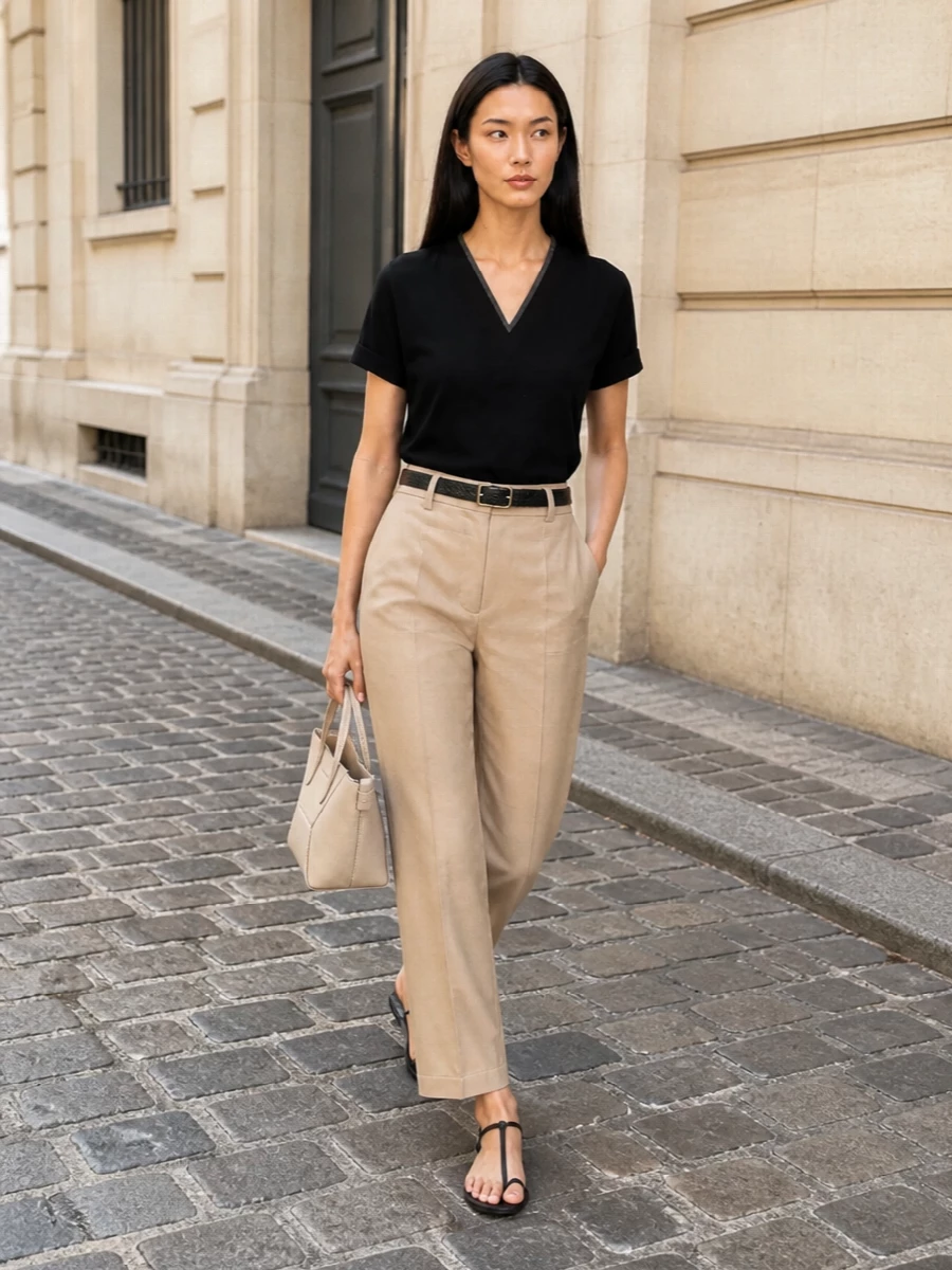 Minimalist black v neck tee beige tailored pants