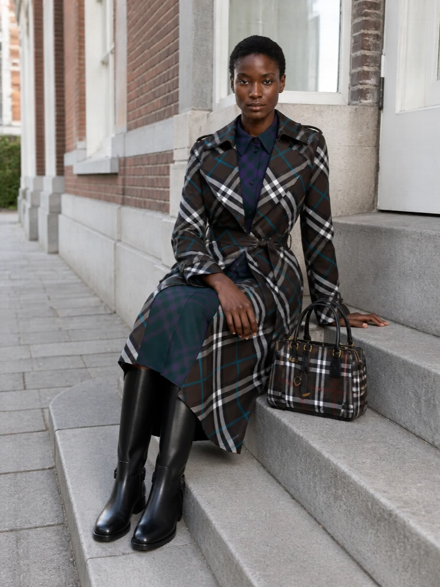 Burberry teal check trench midi dress outfit