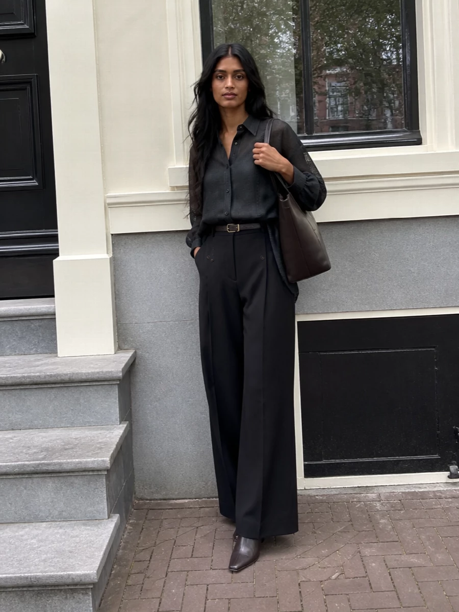Brunello cucinelli black wide leg trousers outfit