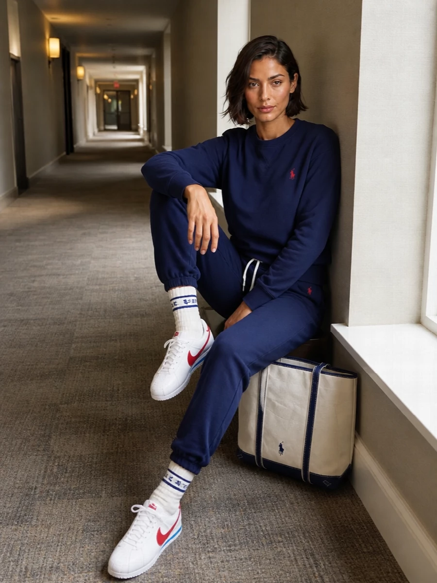 A navy-on-navy Polo set keeps the mood relaxed and collegiate, then bright white runners cut in with a crisp, graphic edge. The canvas tote and striped socks bring just enough contrast to feel considered without tipping into fuss. It is an easy off-duty uniform for travel, campus days or weekend errands where you still want the branding to feel intentional.