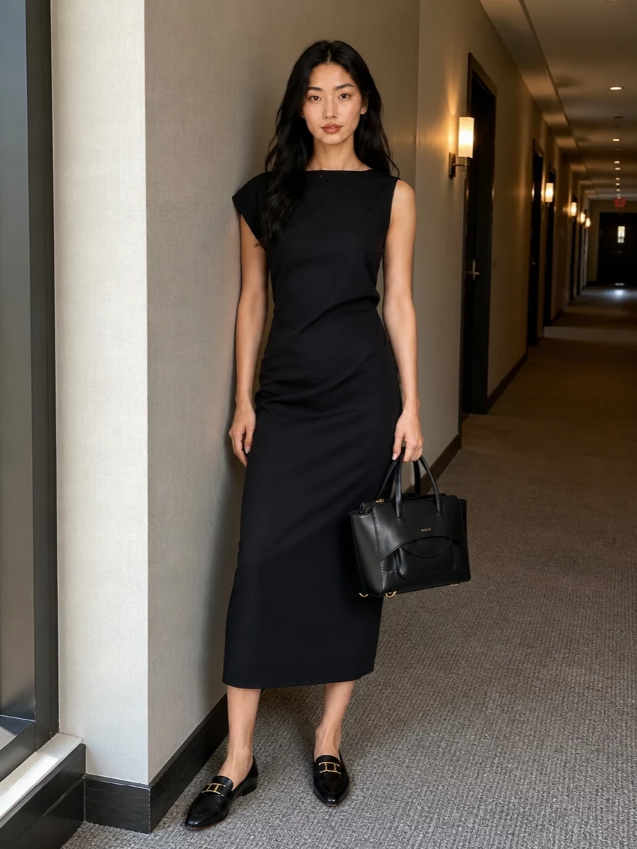 A sculpted black Jacquemus midi and pointed Tod’s flats create a long, clean line that feels quietly assertive rather than showy. The asymmetric shoulder and draping echo the structured tote’s architectural mood, keeping everything in a tight, modern black-and-gold palette. This is refined evening tailoring in dress form, ideal when you want impact without abandoning precision.