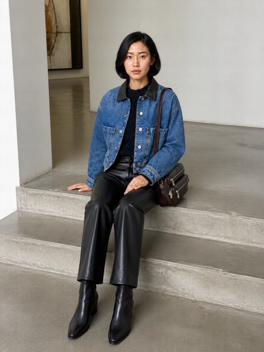 Anine bing denim jacket leather pants boots