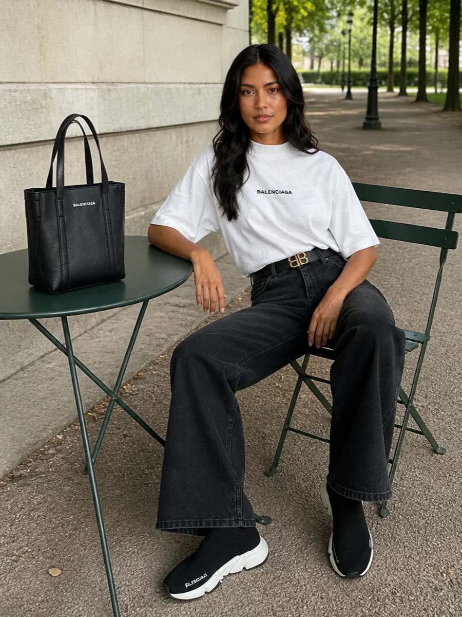 Balenciaga white logo tee wide leg jeans outfit