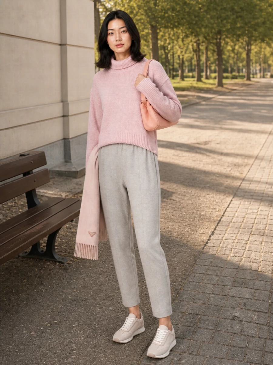 Lisa yang blush sweater grey knit pants outfit