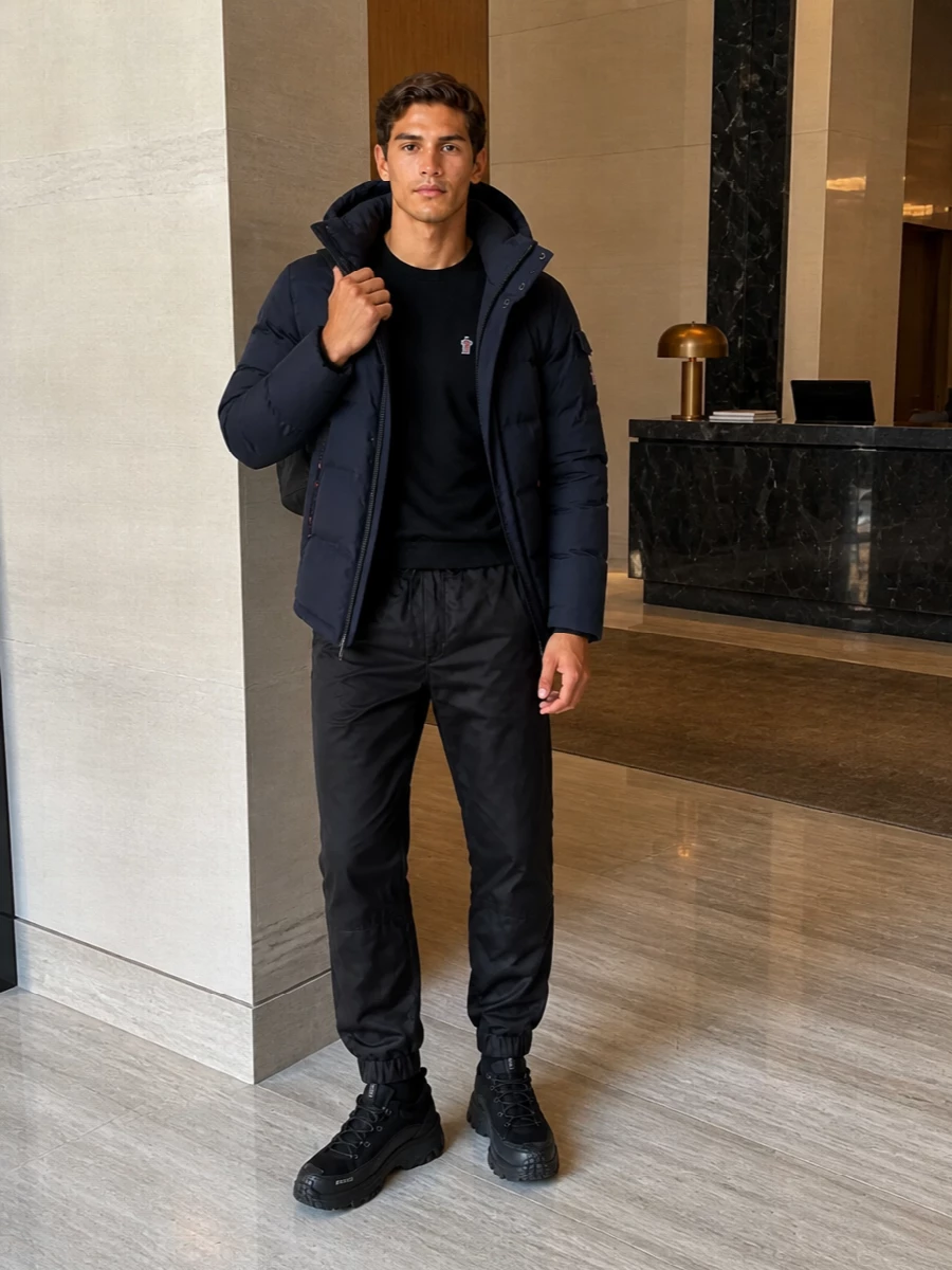 Moncler grenoble navy coat black joggers sneakers