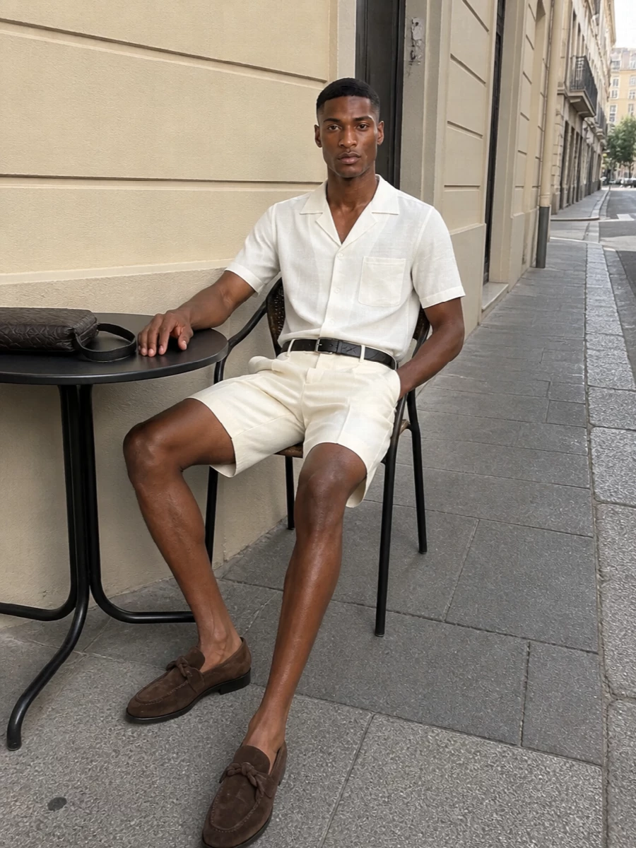 A soft white camp-collar shirt, buttercream tailored shorts, and the black Bottega belt create a precise, sun-ready take on smart casual. Dark chocolate suede loafers and an espresso crossbody add depth without noise, keeping the whole outfit quietly aligned in texture and tone.
