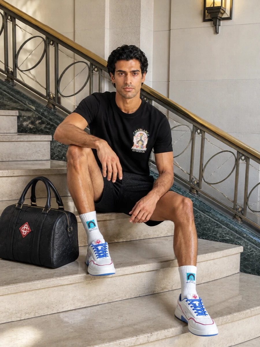 This is a clean, graphic Casablanca uniform built around a black tee and tailored jacquard shorts for a sharper take on summer street sport. White court sneakers and logo socks keep the palette bright and athletic, while the structured black duffle leans into polished, jet-set energy. The result feels considered but easy, ideal for city days that run into late terrace nights.