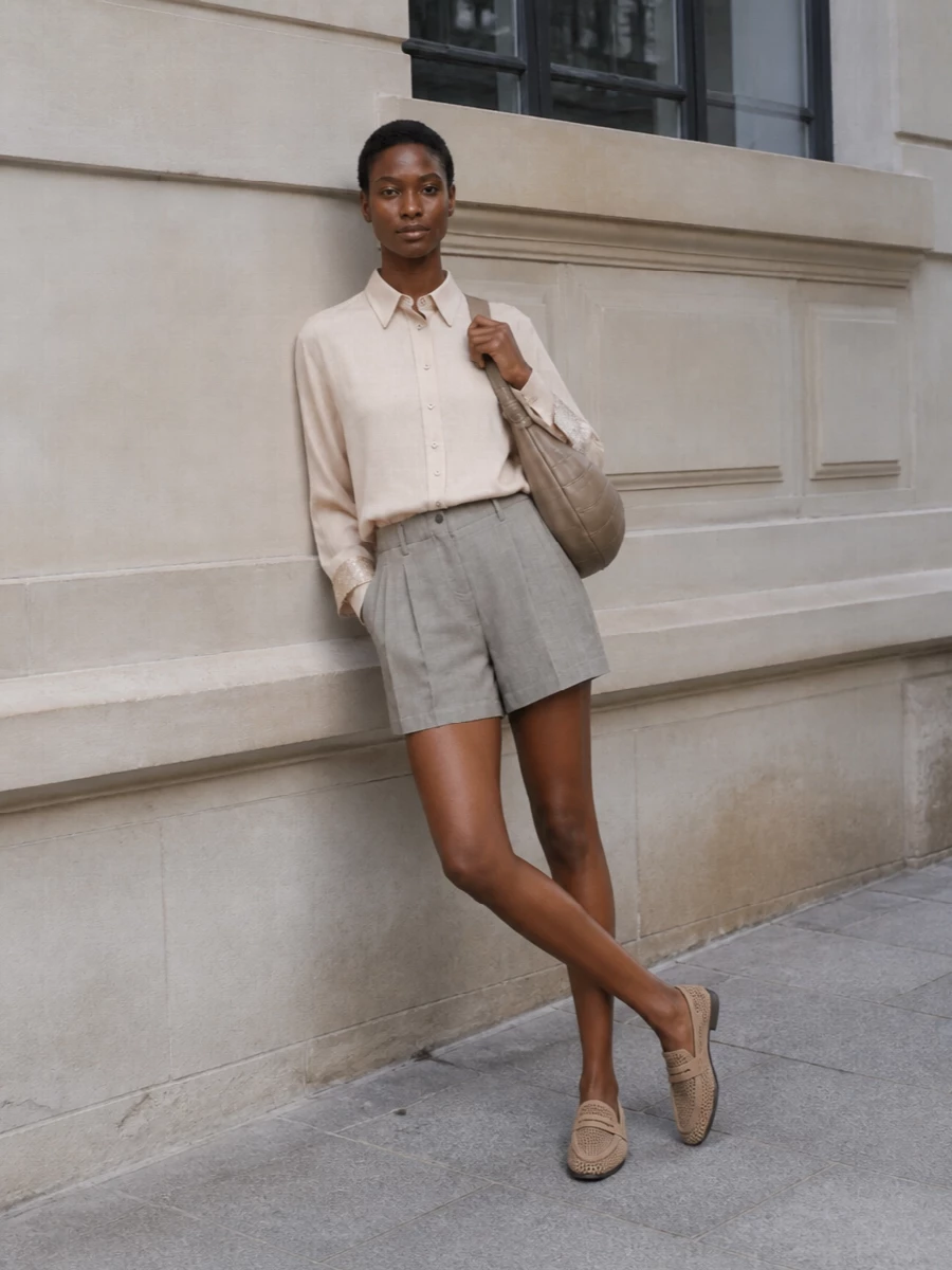 Brunello cucinelli beige shirt taupe shorts outfit