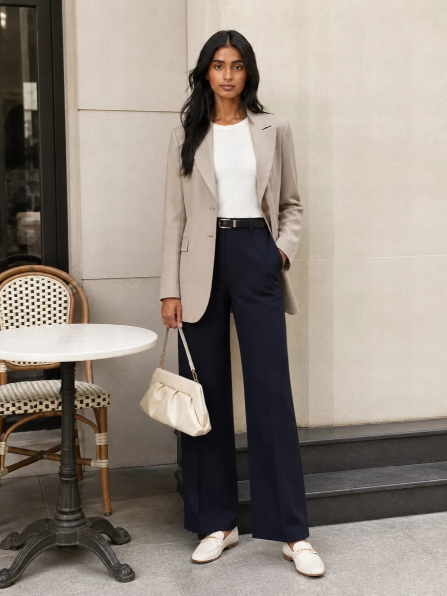 Pt torino navy wide leg trousers taupe blazer