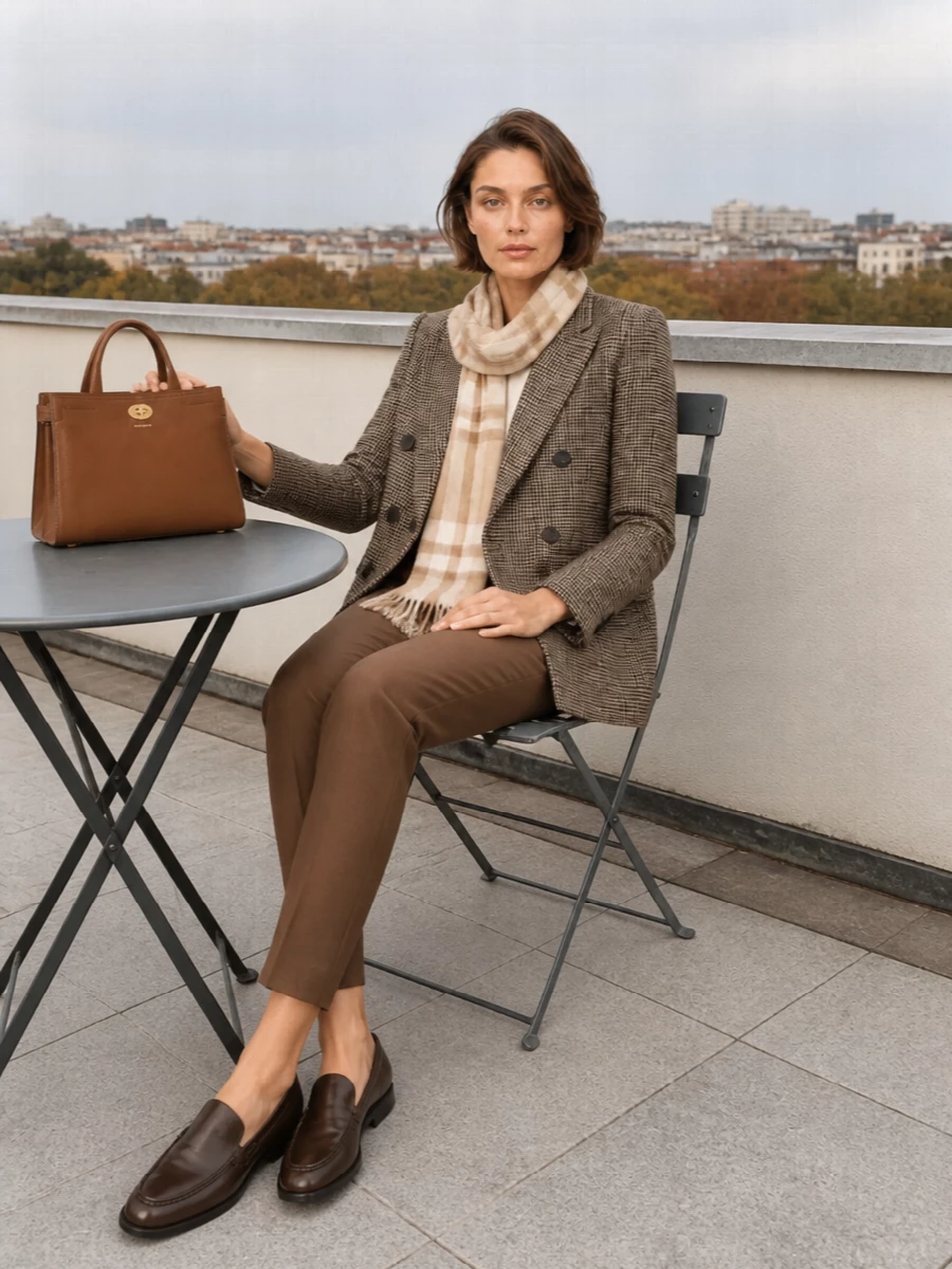 A checked Lardini blazer sits over slim cocoa tailoring for a precise, Italian take on workday suiting. Dark brown leather loafers and a structured cognac top-handle keep the palette grounded in warm neutrals, reading sharp but understated. A soft checked scarf adds just enough texture and comfort for colder days while staying within the same quiet, heritage mood.