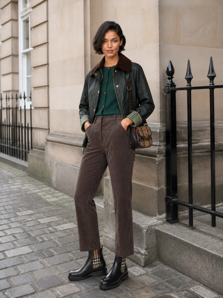 Barbour jacket brown corduroy trousers outfit