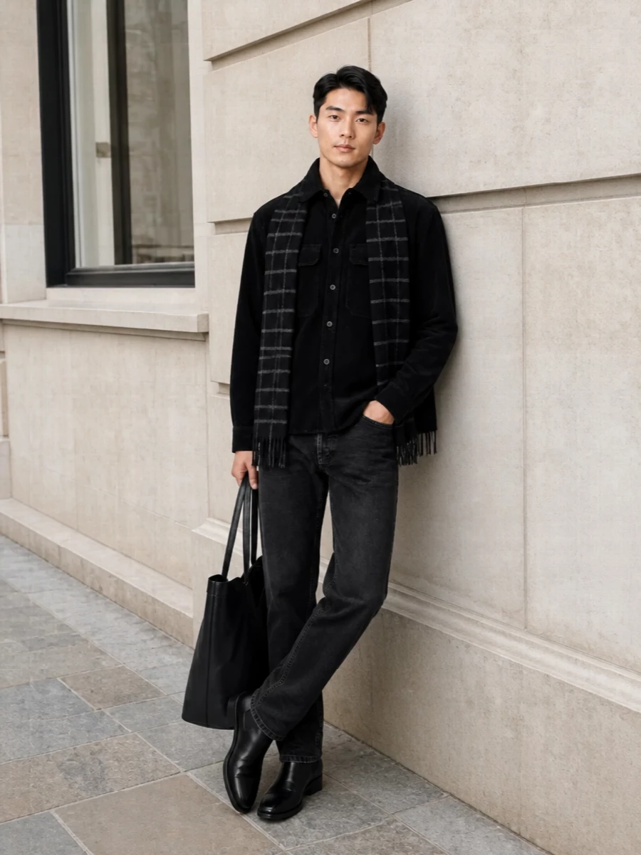 The Saint Laurent black corduroy shirt is grounded with washed-black straight jeans, keeping the look monochrome but relaxed with a lived-in rock attitude. Polished black Chelsea boots sharpen the silhouette just enough, while the structured black leather tote and dark checked scarf bring a quiet, city-ready luxury that feels effortless from day to night.