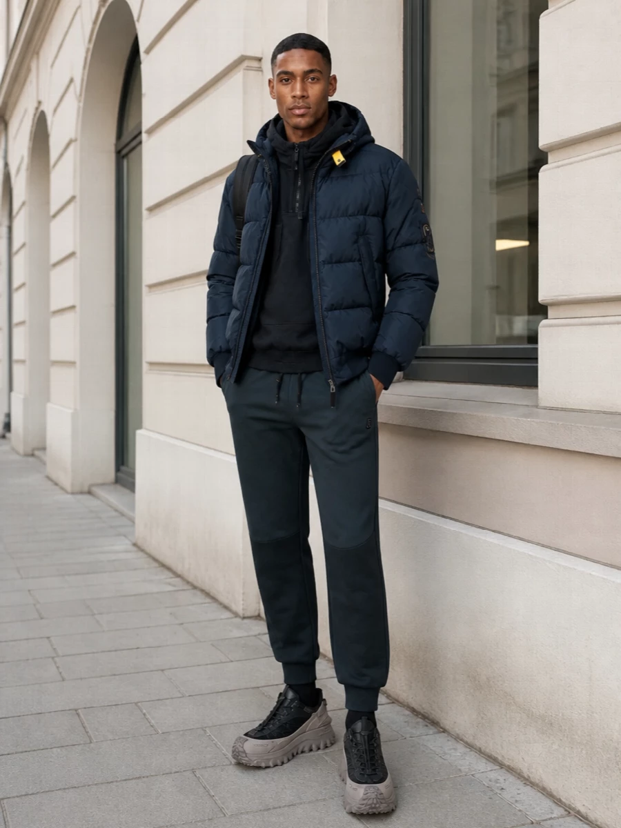 Parajumpers puffer joggers moncler sneakers outfit