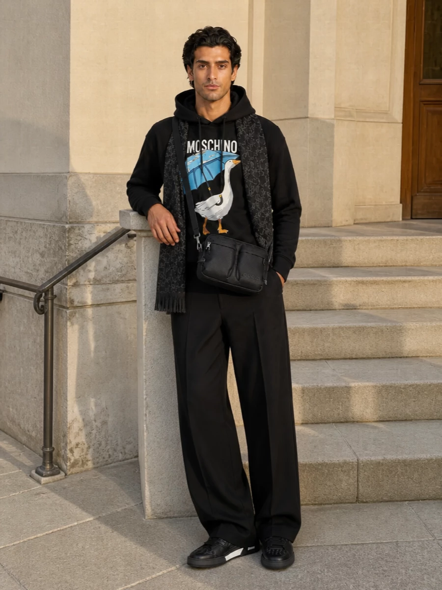 Moschino goose hoodie wide leg track pants outfit