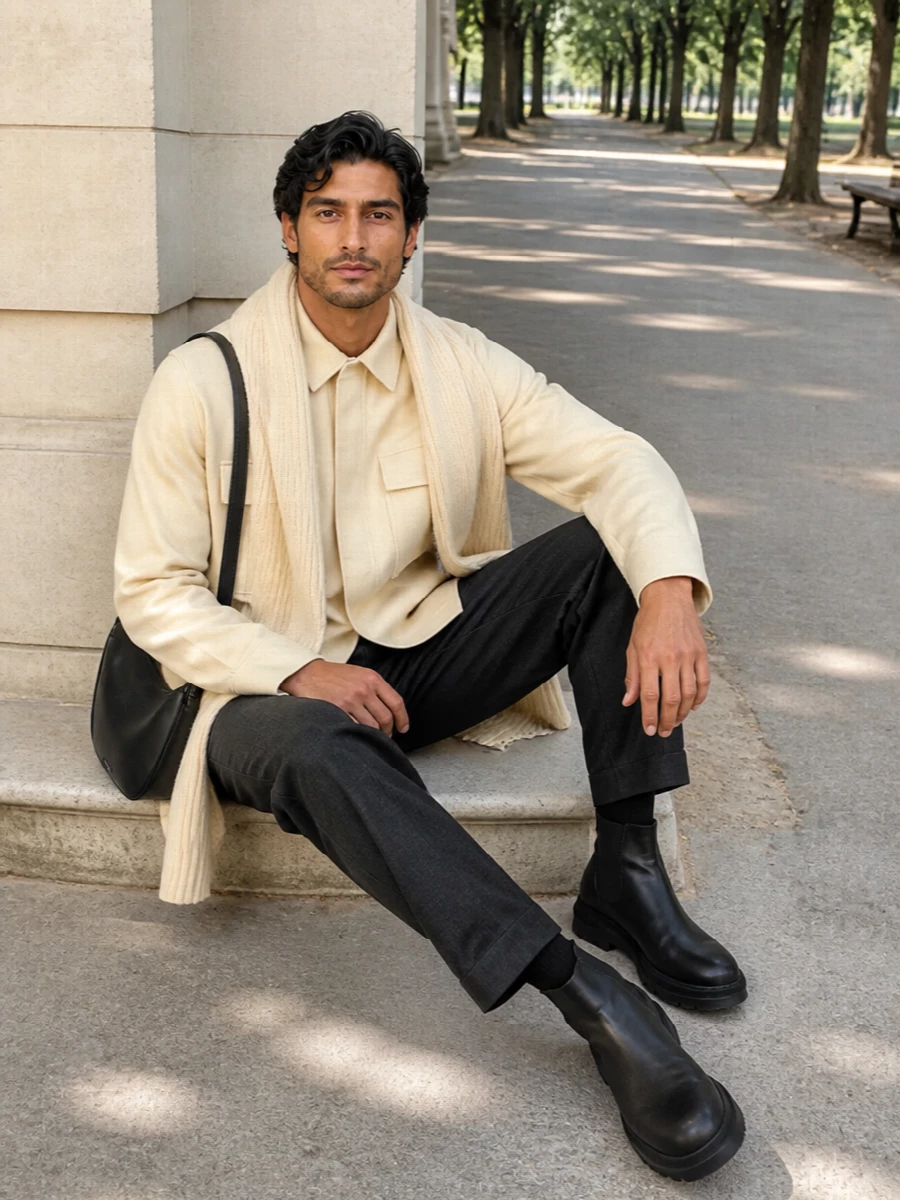 A buttercream Jil Sander overshirt meets precise charcoal tailoring for a calm, graphic contrast that still feels soft around the face. Inky Chelsea boots and a sculpted black crescent bag ground the neutrals with weight and structure. The result is a quietly composed city uniform that reads polished without tipping into classic suiting.