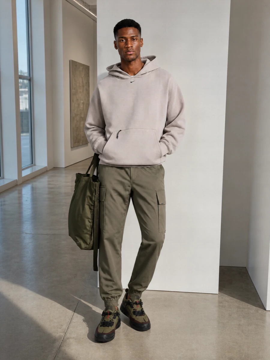 Nike sneakers taupe hoodie olive cargo pants