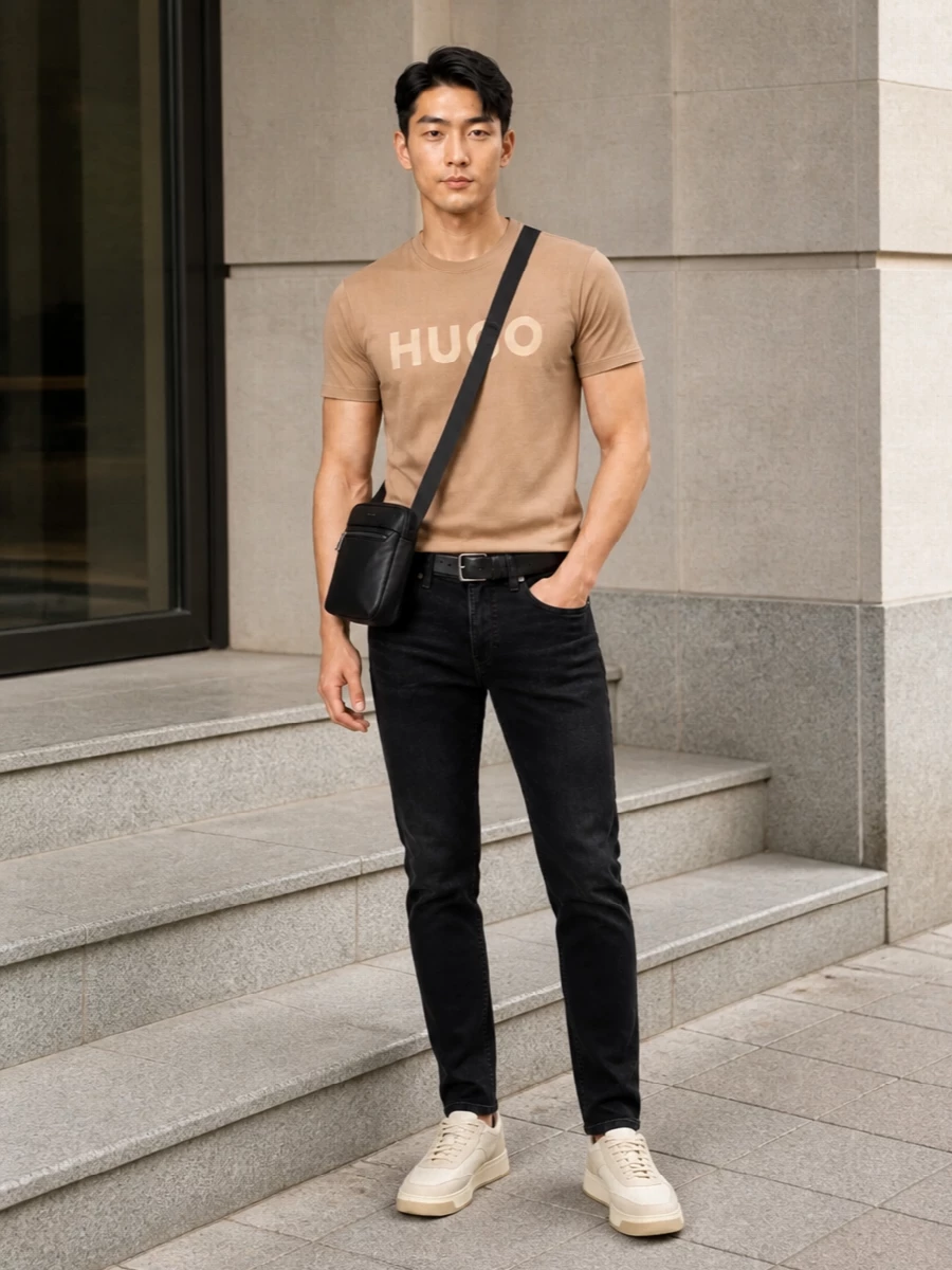 Hugo logo tee boss slim jeans cream sneakers