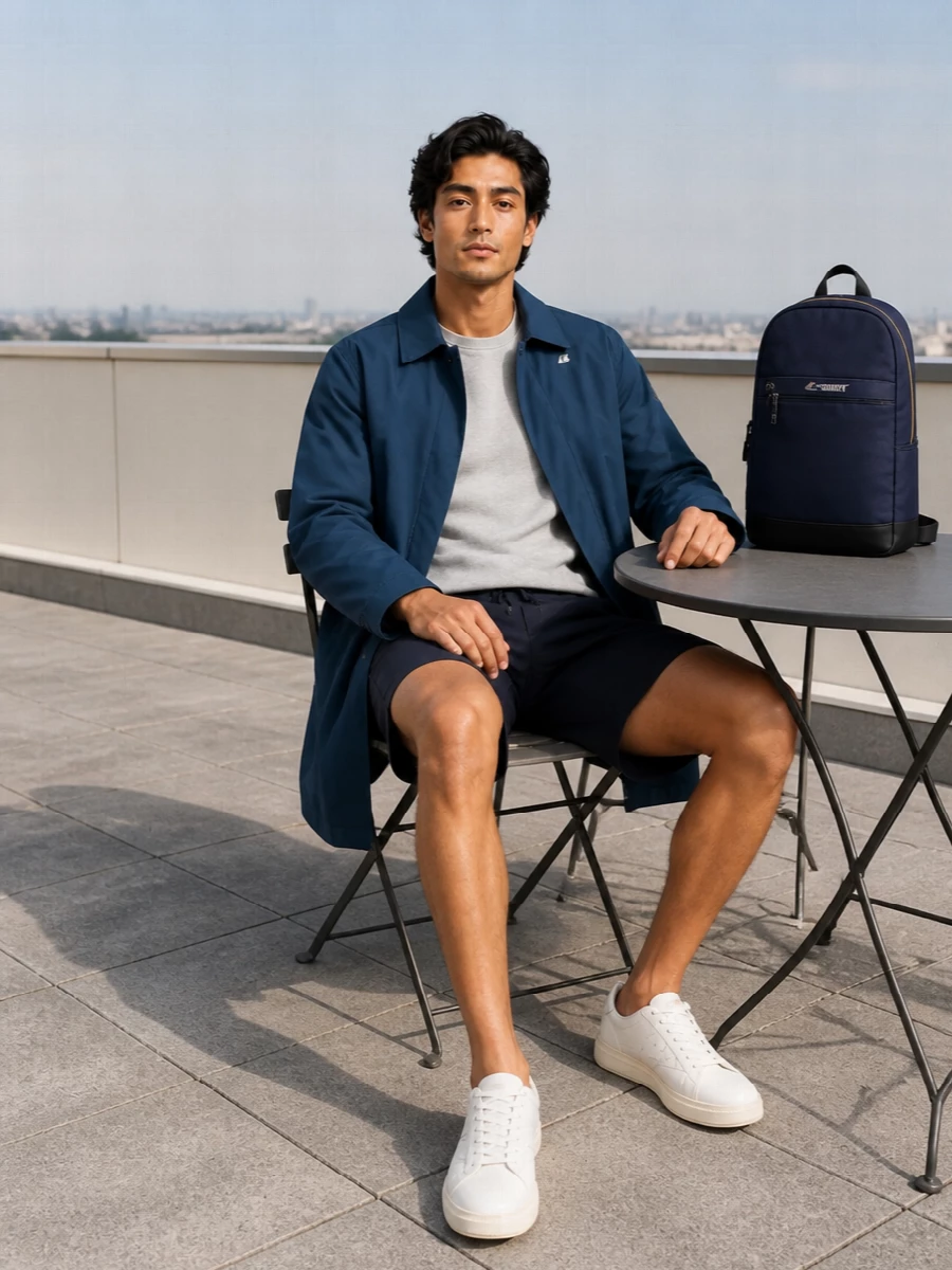 K way coat navy shorts white sneakers