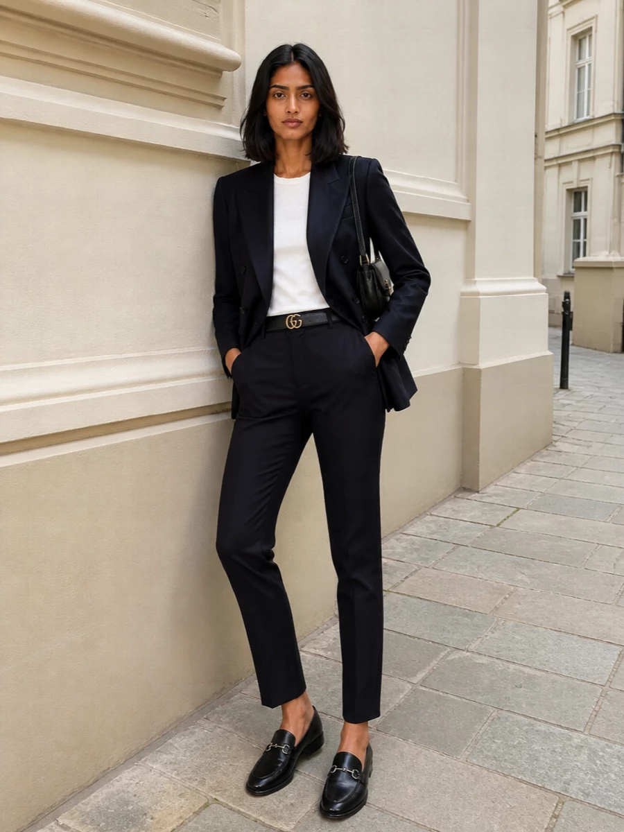 Gucci navy blazer black tailored trousers outfit