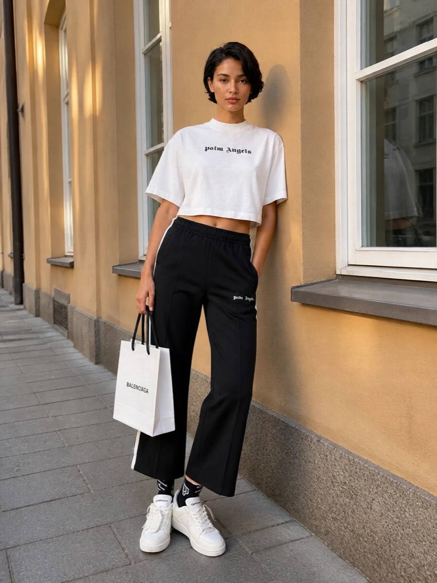 Palm angels tee black track pants off white sneakers