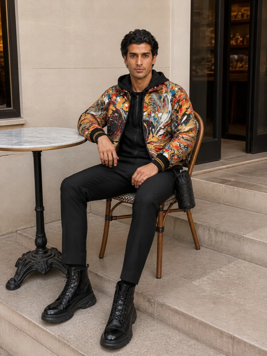 Dolce gabbana marbled bomber black trousers outfit