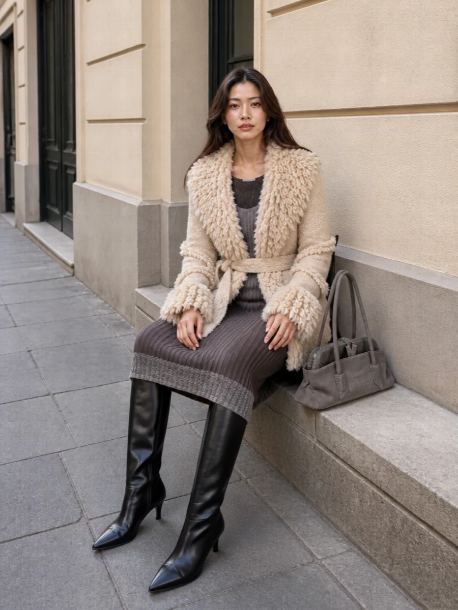 The attico shearling coat knit dress outfit
