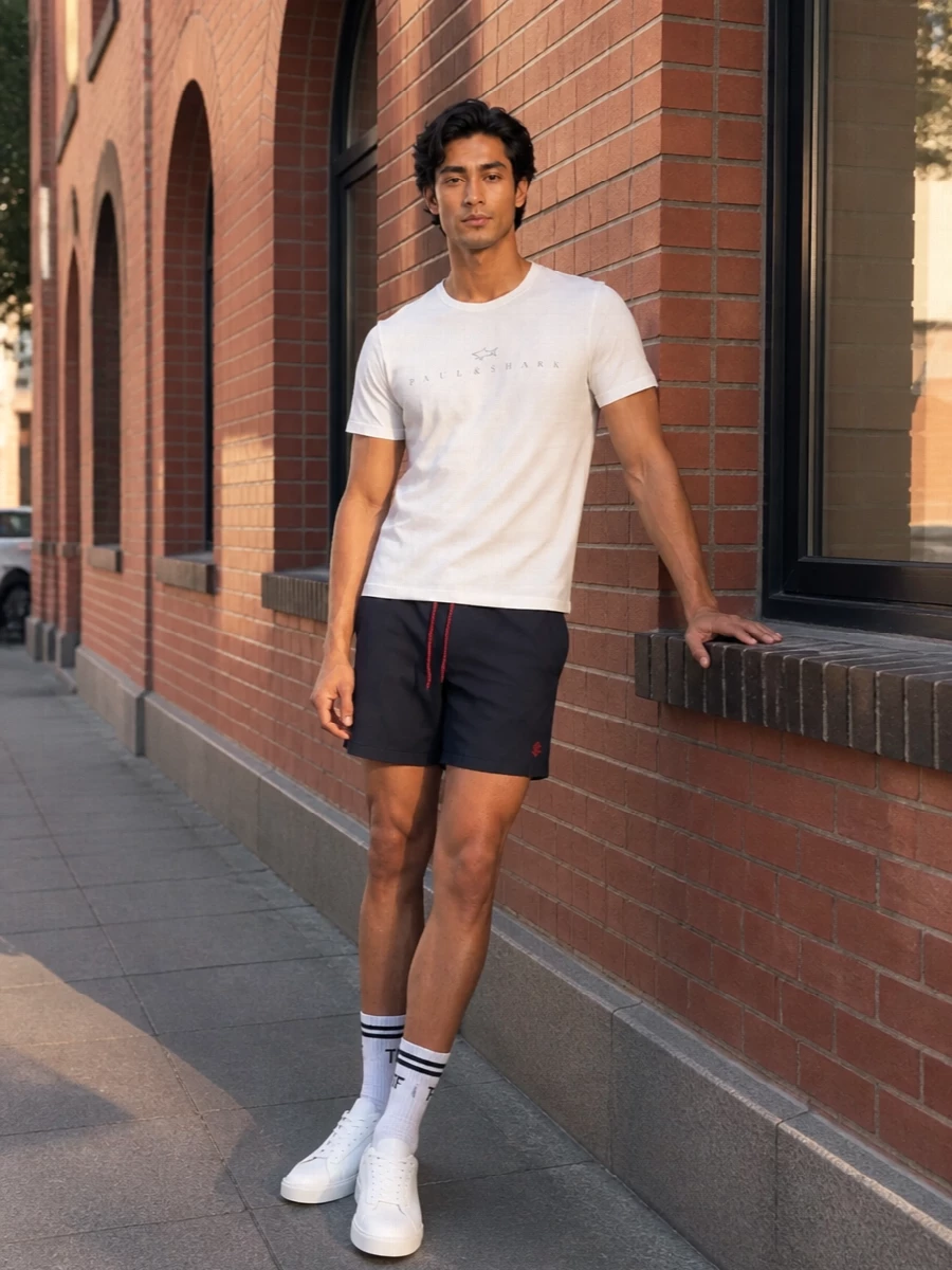 Celine navy shorts white tee sneakers
