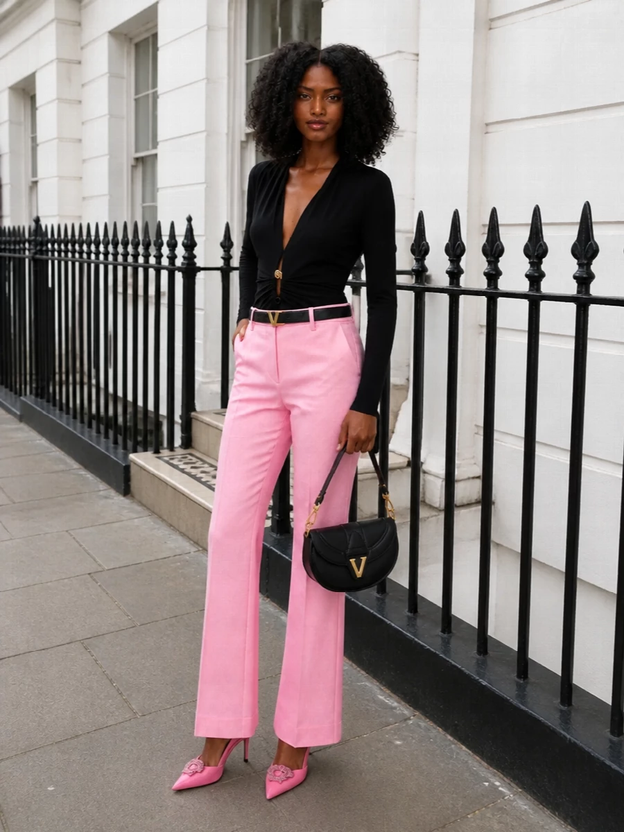 Versace pink flared trousers black deep v top