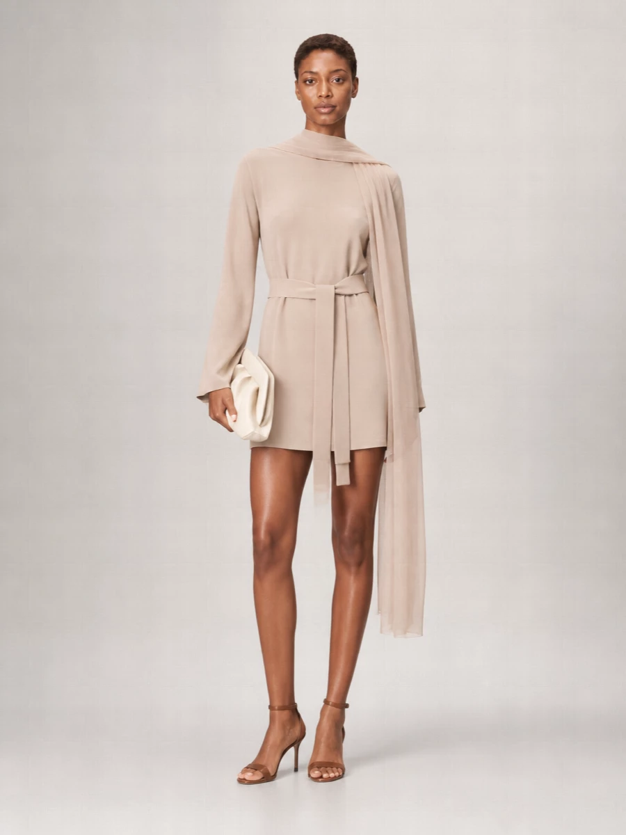 Parosh Boat Neck Long Sleeve Belted Mini Dress