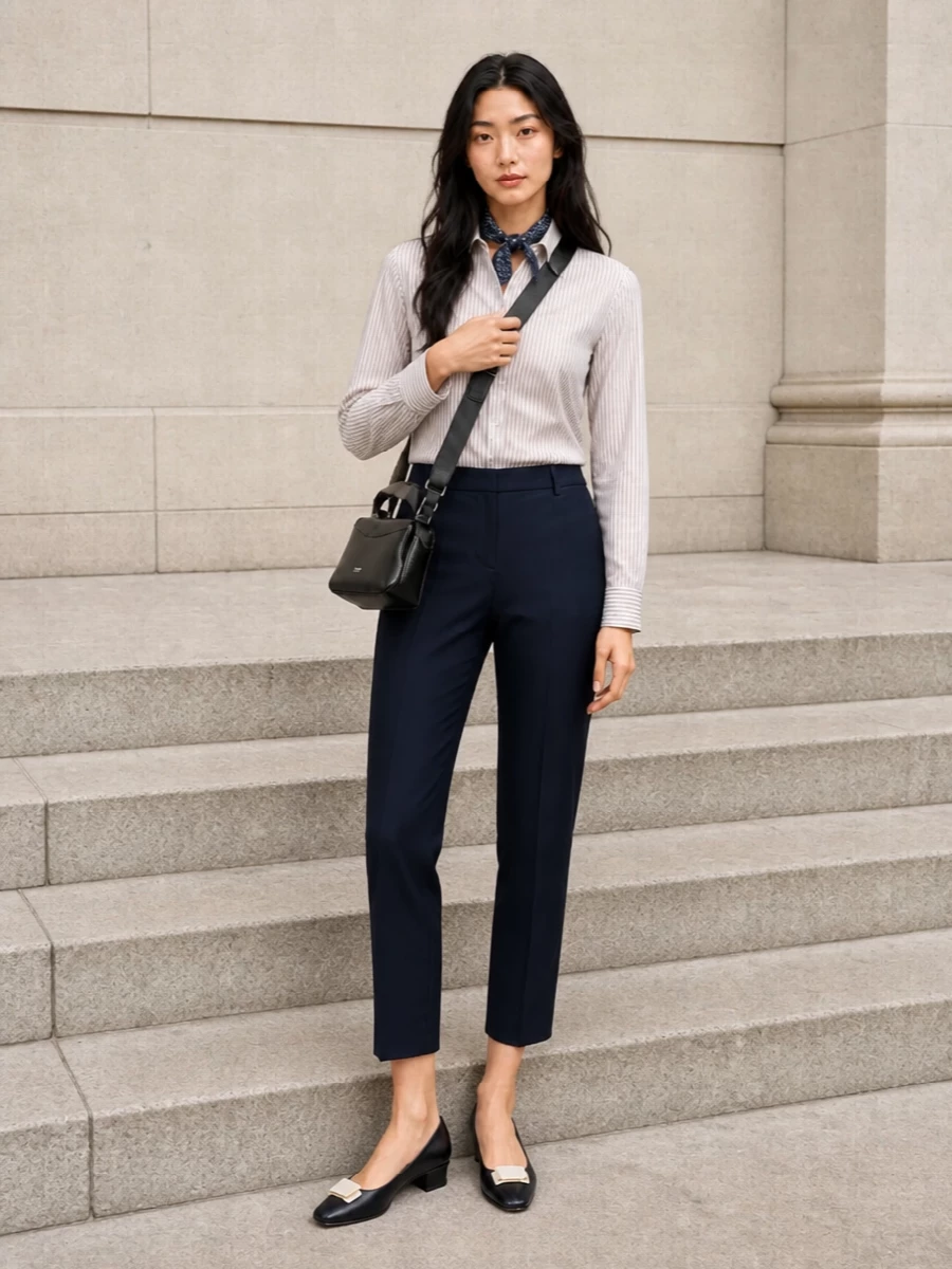 Max mara striped shirt navy trousers outfit