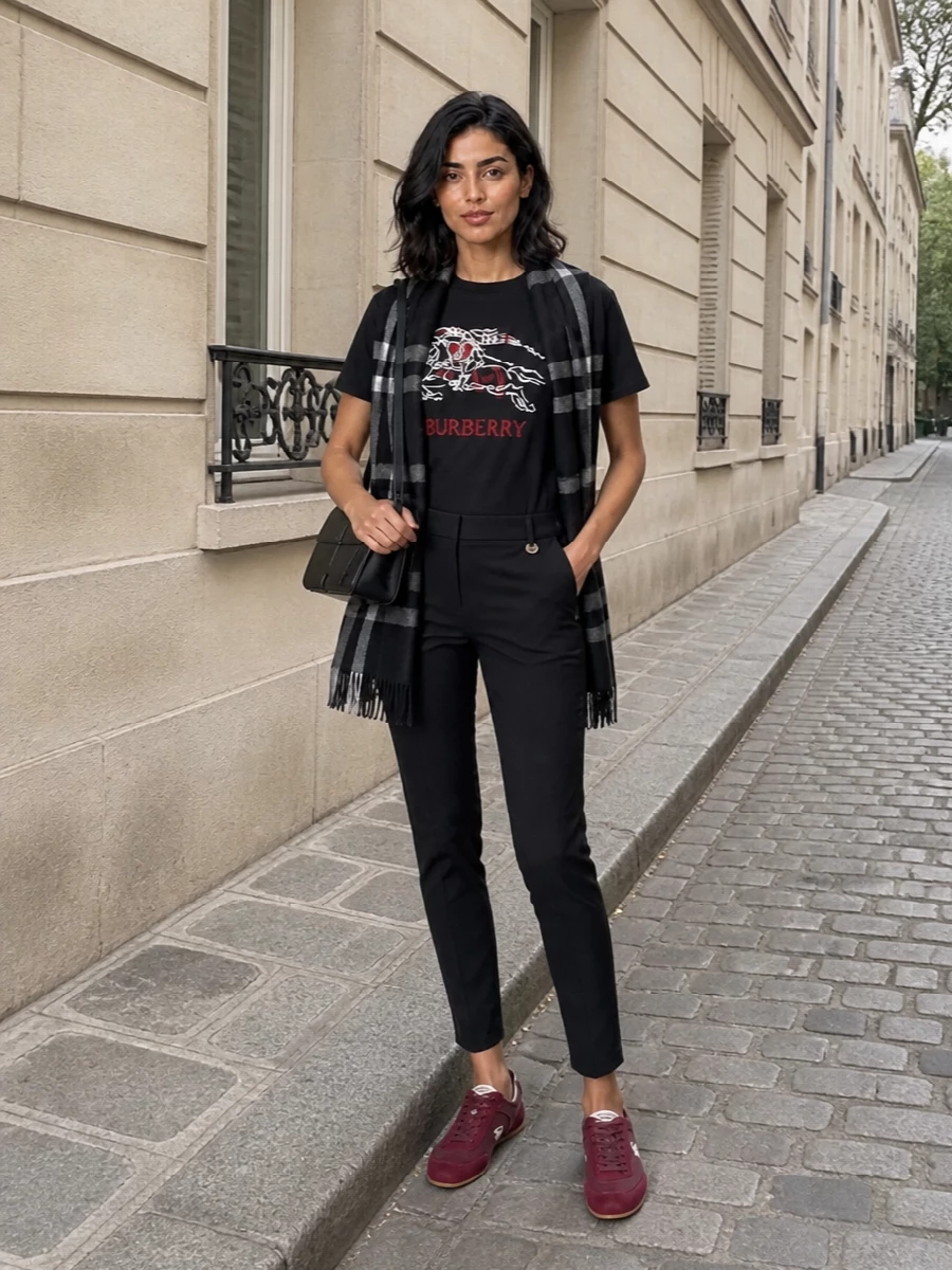 Burberry black logo tee tailored trouser outfit