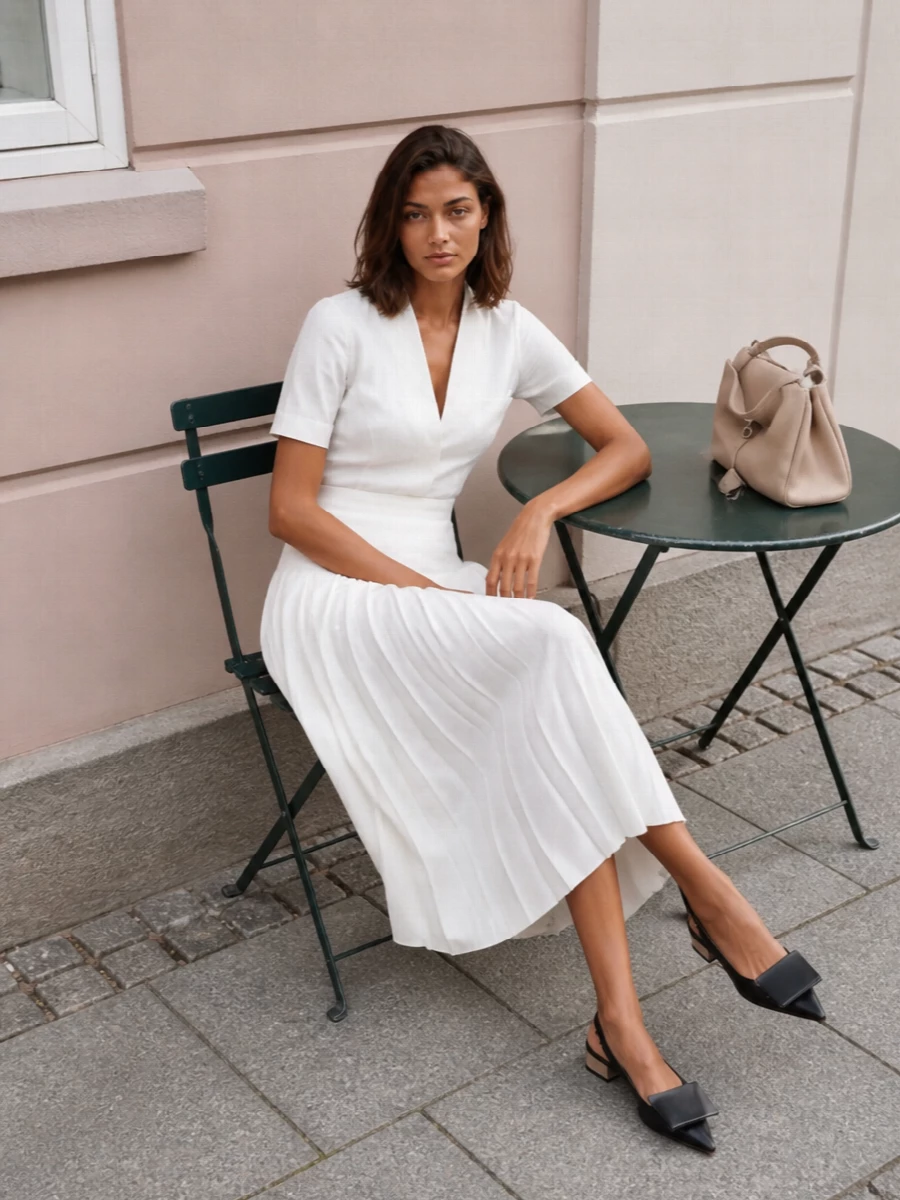 Jacquemus pleated midi skirt white blouse outfit