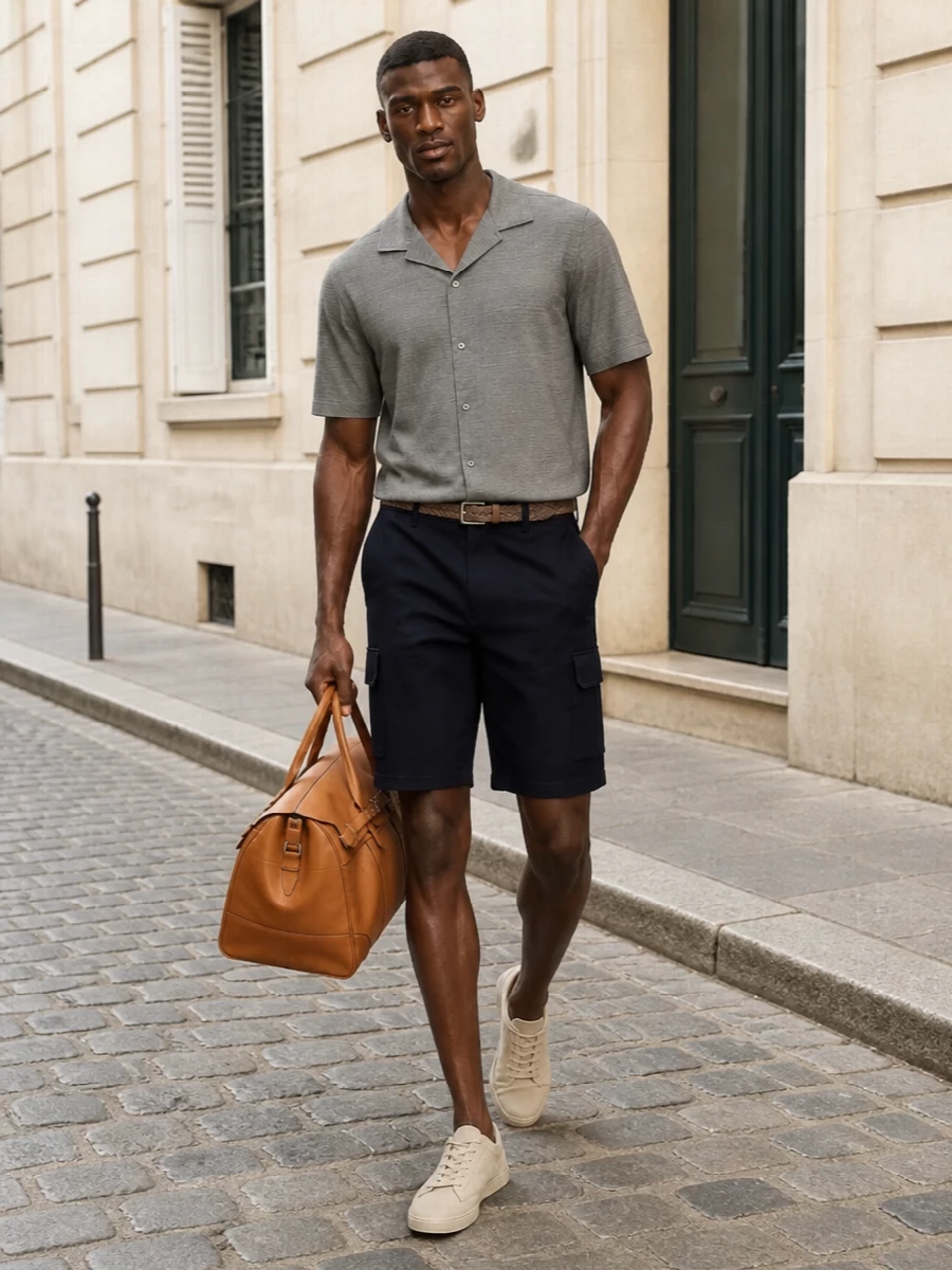 Mens cargo shorts camp collar shirt outfit