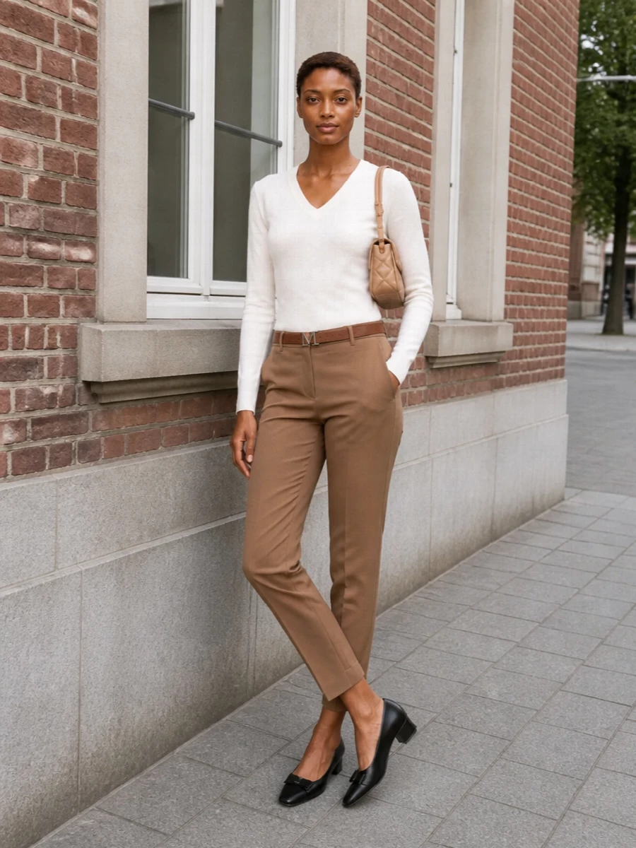 An ivory S Max Mara knit meets camel cigarette trousers for a soft, tailored take on neutrals that reads intelligent and calm. Black low-heel pumps and a nude quilted shoulder bag sharpen the palette just enough, while a slim tan belt quietly defines the waist. It is an easy uniform for days that move between meetings, galleries and long lunches without a change of pace.