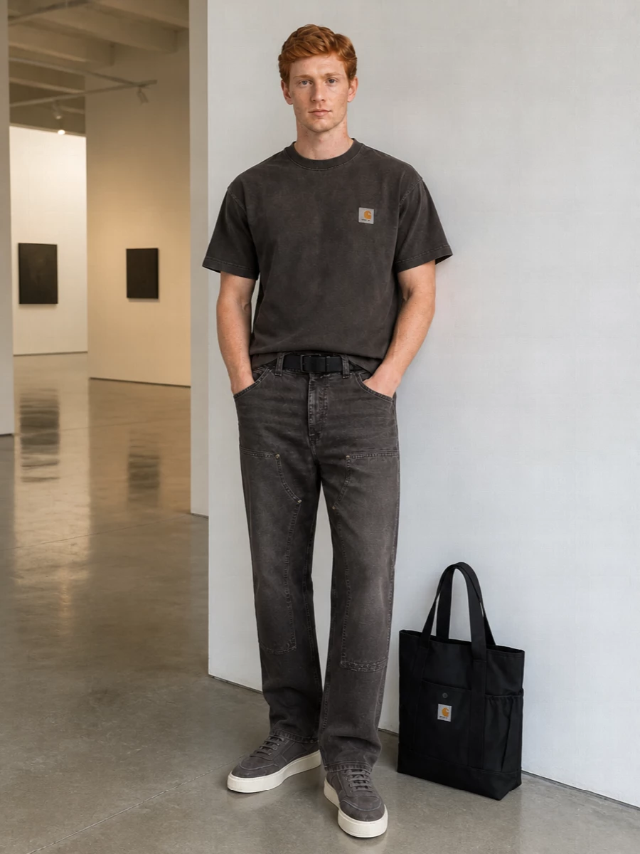 Carhartt wip charcoal tee workwear jeans outfit