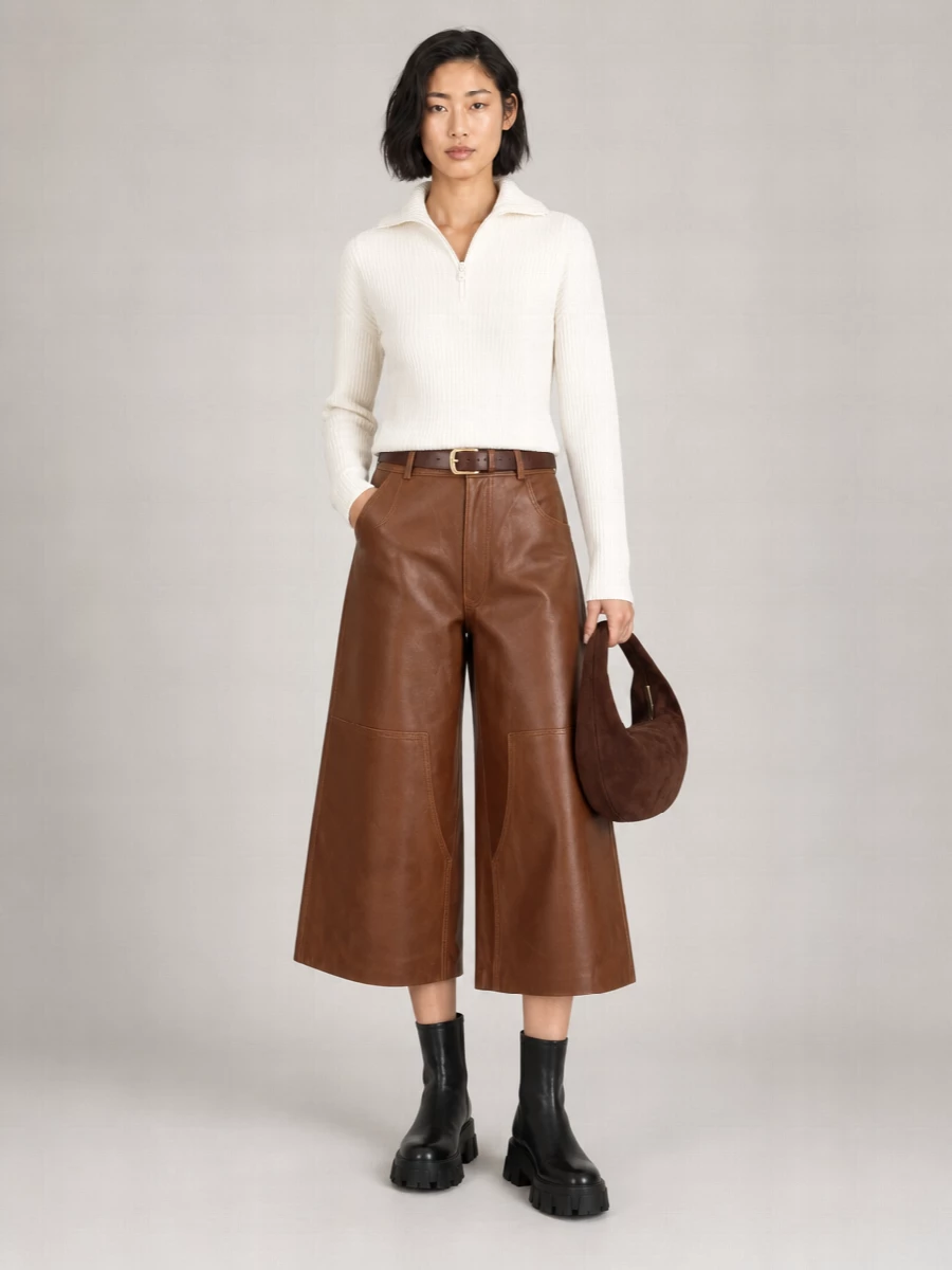 Haikure Leather Knee-Length Wide-Leg Bermuda Shorts
