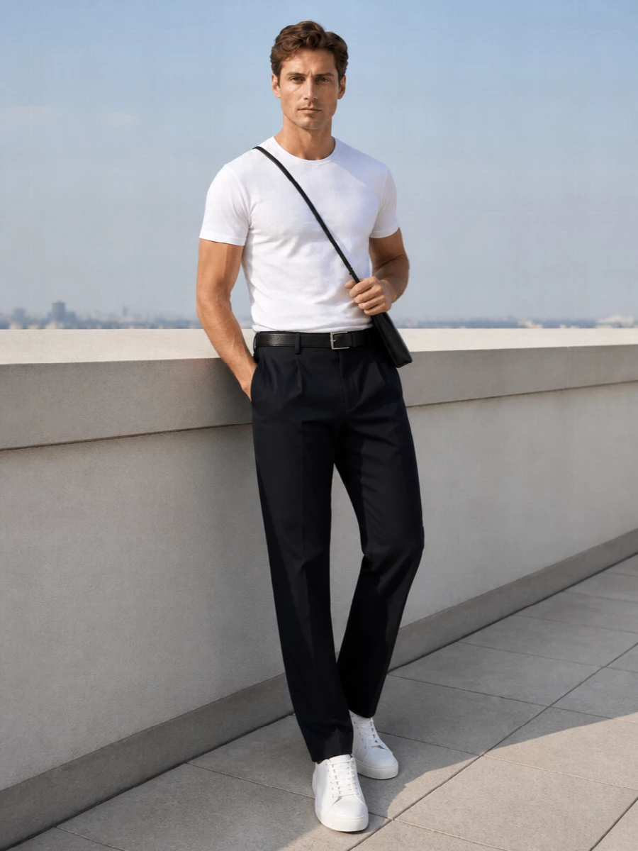 Herno white tee navy trousers white sneakers