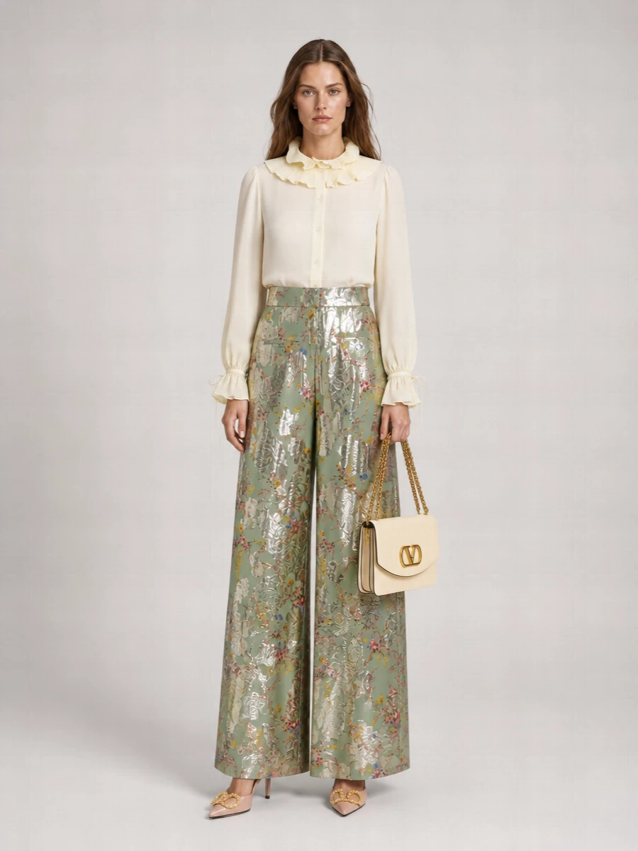 Valentino Garavani Silk Printed Wide-Leg Trousers