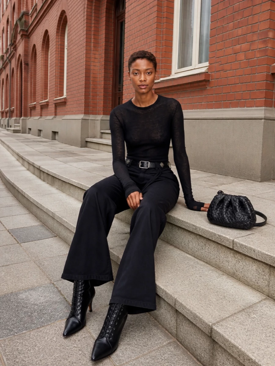 Sheer, close-cut knit meets high-waisted, fluid tailoring for a monochrome silhouette that feels sharp but quietly sensual. The wide leg softens the severity of the top, while the laced ankle boots and structured shoulder bag ground everything in a refined, city-night attitude. A slim studded belt pulls the waist into focus, keeping the proportions long and deliberate.