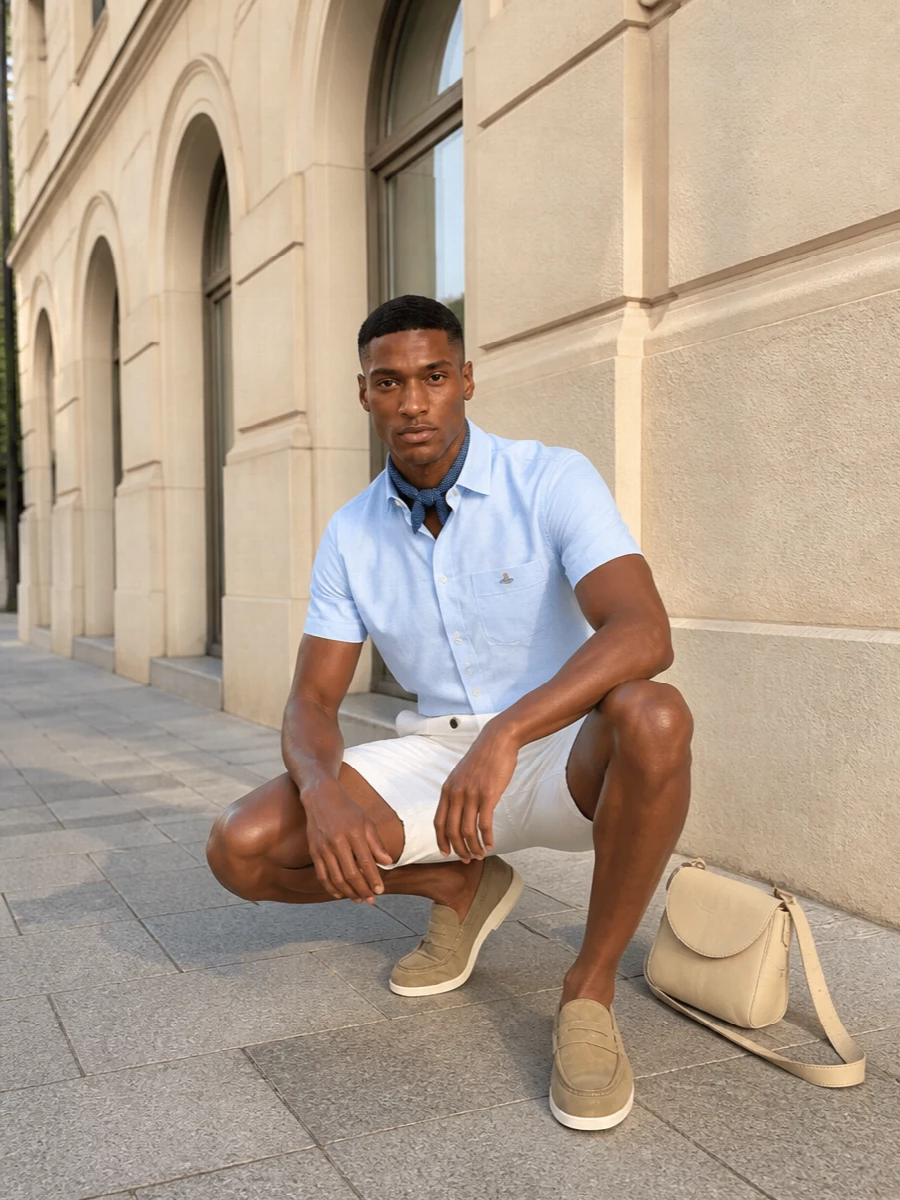 Pale blue and off-white stay front and center here, with tailored chino shorts echoing the shirt’s clean lines for a sharp but easy summer uniform. Taupe suede loafers and a slim buttercream shoulder bag introduce soft contrast without breaking the calm palette, while a navy and pale blue silk scarf brings a discreet note of personality. It is a quietly precise way to dress for warm days that still call for structure and intention.