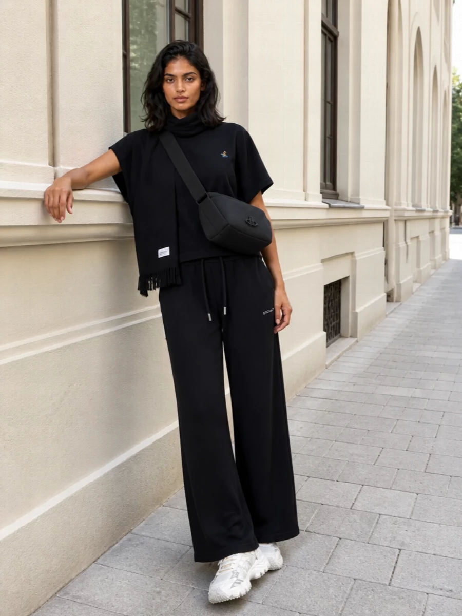 Vivienne westwood tee wide leg pants off white sneakers