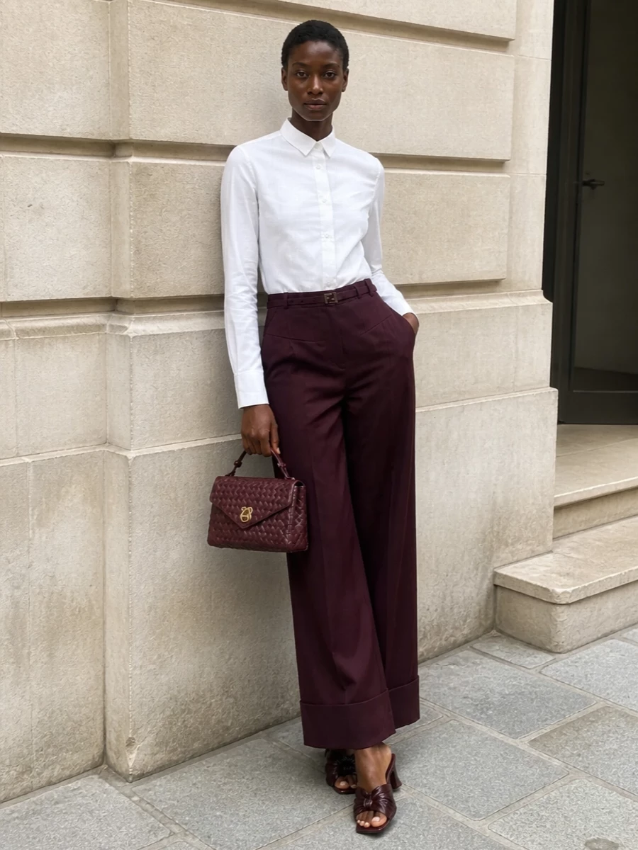 Fendi burgundy trousers white shirt evening outfit