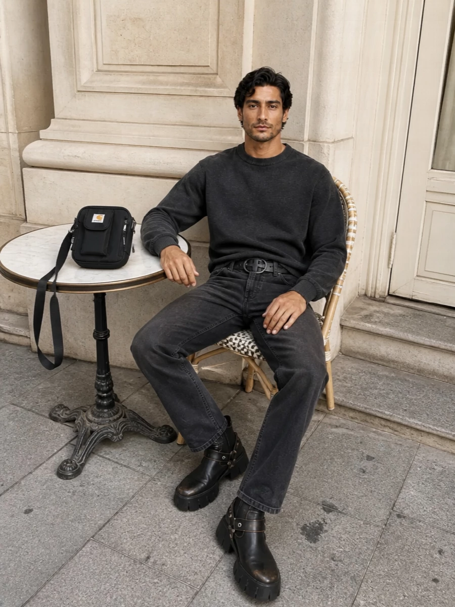 Carhartt black jeans charcoal sweatshirt diesel boots