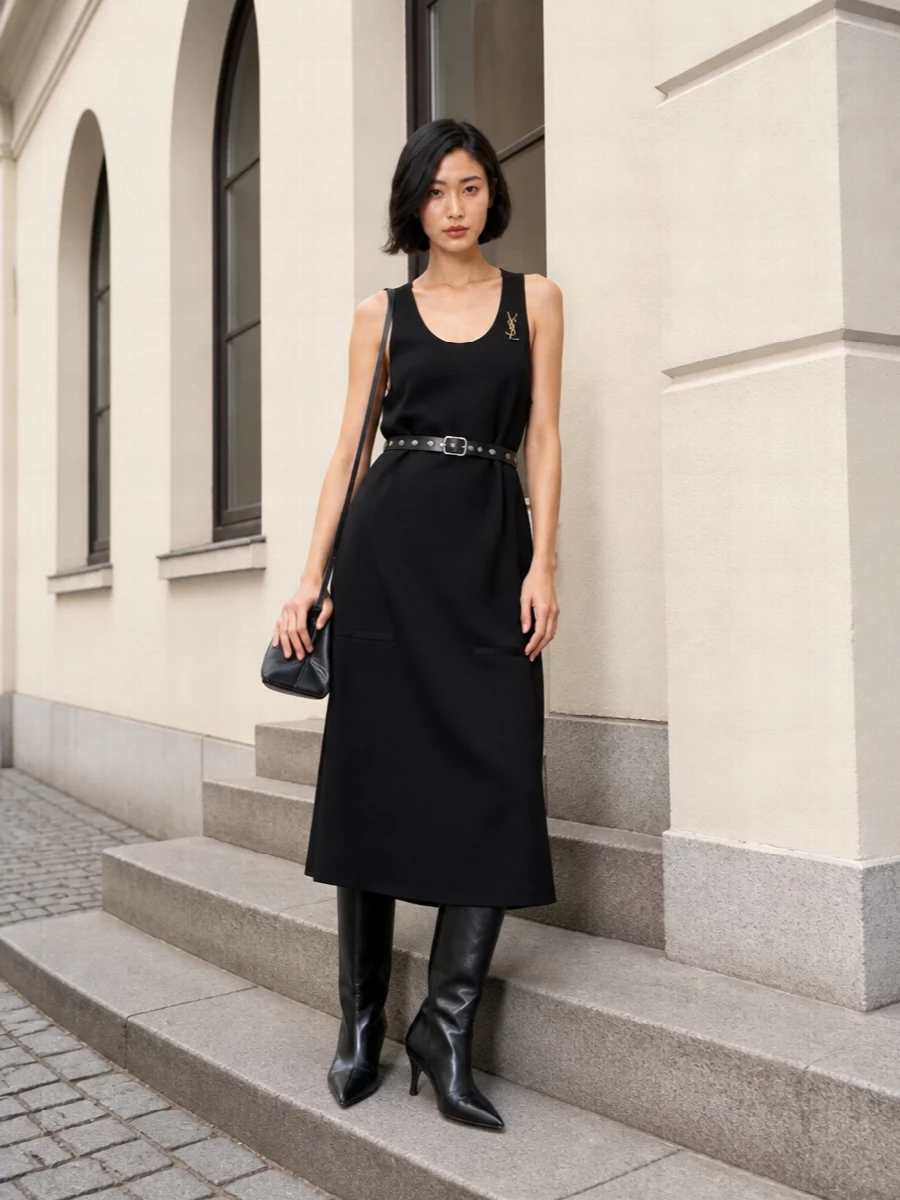 Attico black midi dress knee high boots