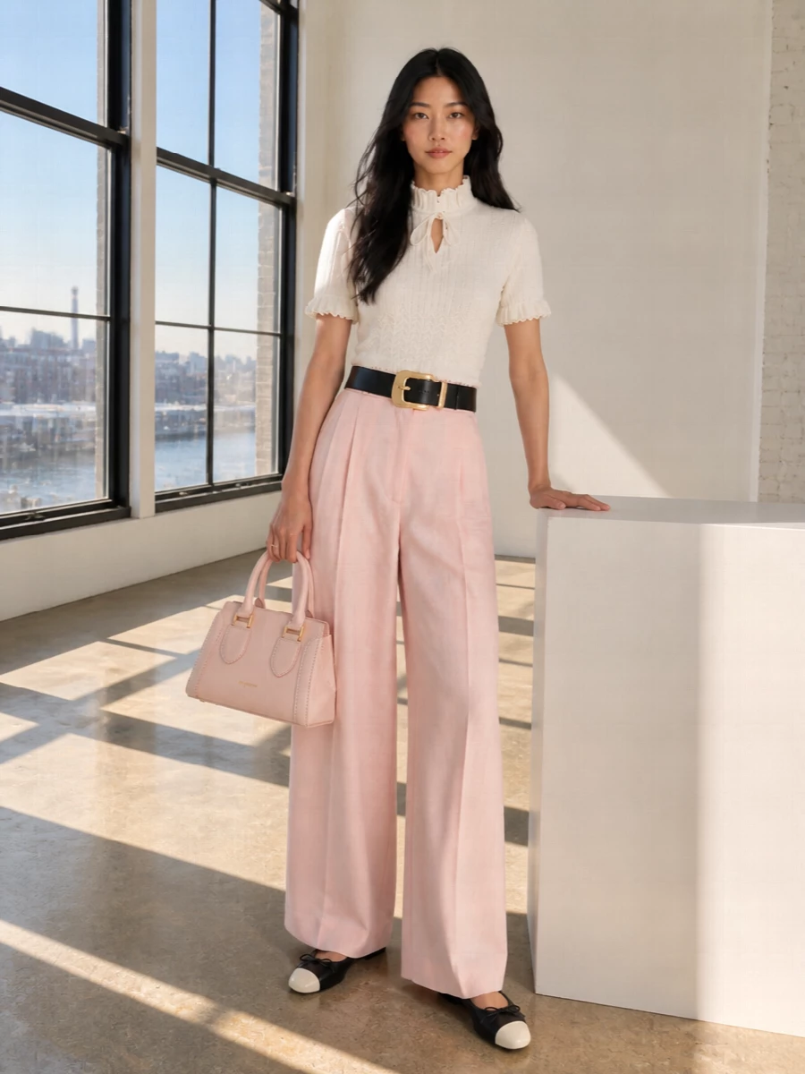 Alexander mcqueen ivory knit blush wide leg trousers