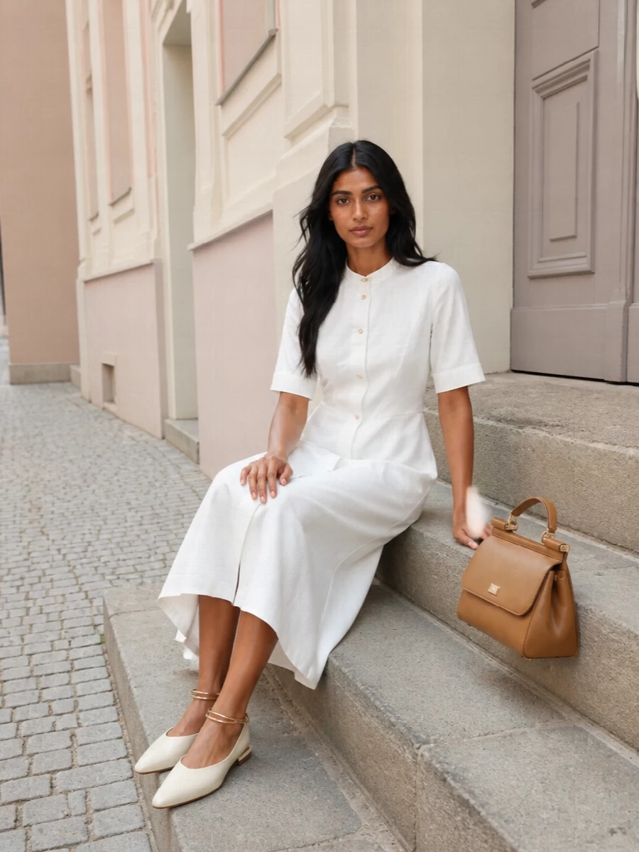 The structured Jil Sander shirt dress and Dolce&Gabbana satchel create a soft white and camel story that feels precise without trying too hard. Jil Sander’s pointed cream slingbacks keep the line long and modern, adding polish without breaking the calm, neutral palette. I chose the dress route here because one sculpted column reads more quietly luxurious and coherent with the bag than breaking the line into separate top and bottom tailoring.