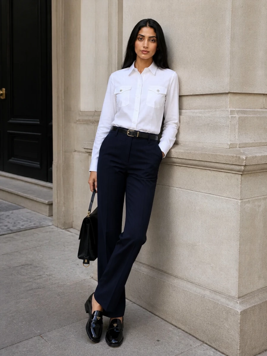 Pinstripe trousers white shirt power suiting